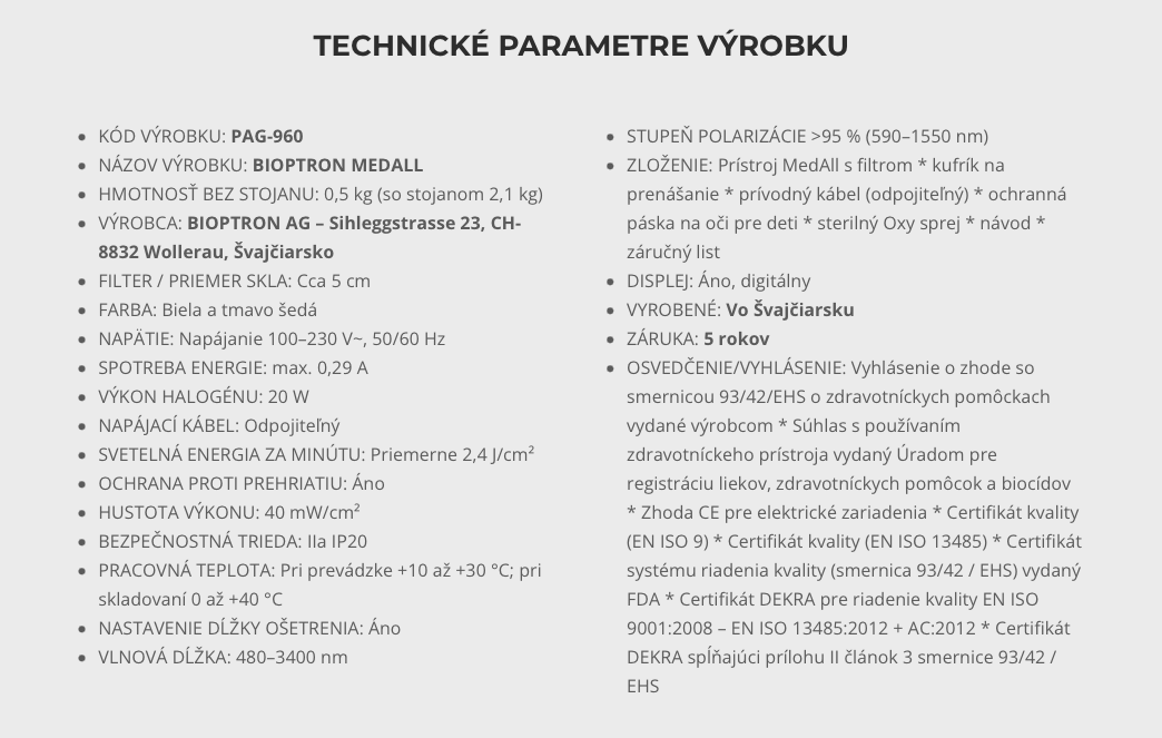 technicke parametre bioptron medall